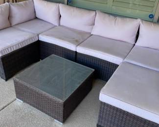 An Outdoor Modular, Wicker Sectional Sofa, Set with Wicker and Glass Top Table
