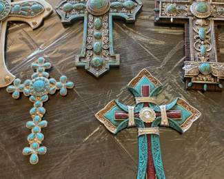 Decorative Southwestern Style Wall Crosses Featuring a Silver Tone and Faux Turquoise Stone Accents