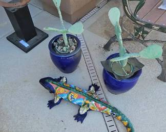 Two Cobalt Blue Small Ceramic Planters with Faux Cactus and a Colorful Lizard