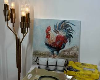 Rooster Wall Art, Gold Tone Floor Lamp and Home Accessories