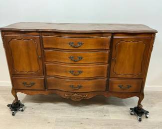 French Provincial Style Wood Dresser with Six Drawers and Two Cabinets