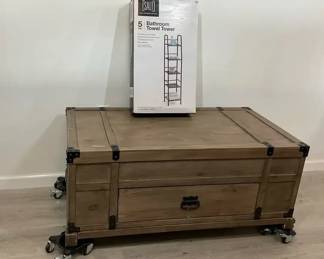 Wood Lift Top Storage Trunk with Drawer and Salt Towel Tower