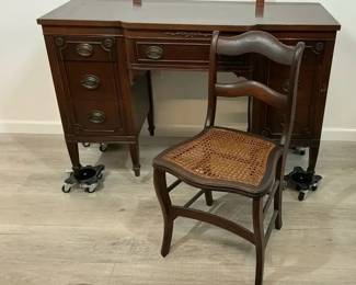 Traditional Wood Writing Desk with Cane Seat Chair