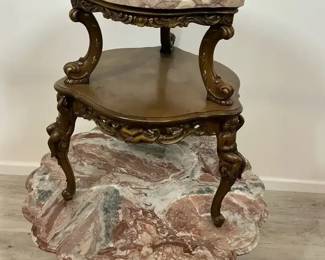 Marble Top Accent Tables with Carved Wood Bases