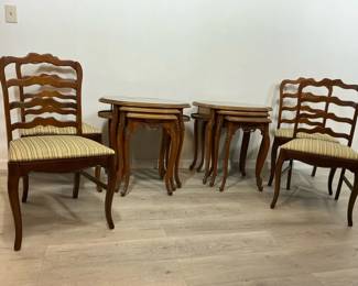 Four Upholstered Ladder Back Chairs and Six Nesting Tables