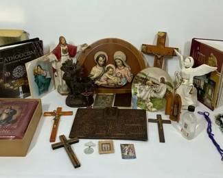 Catholic Religious Figurines, Crucifixes, Rosaries and 1958 Holy Bible