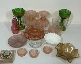 Pink Depression Style Glass, Green Glass Candleholders and Serving Pieces