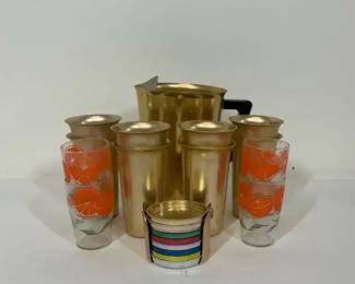 Gold Tone Aluminum Tumblers, Pitcher and Vintage Drinking Glasses