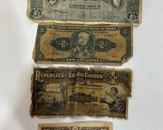 Vintage Foreign Paper Currency from Chile, Brazil and Japan
