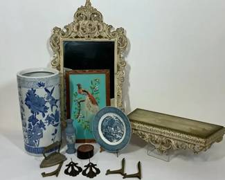 Ornate Mirror, Blue and White Porcelain Vase and Home Accessories