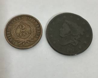 1865 Two Cent Piece and Coronet Liberty Head Large Cent
