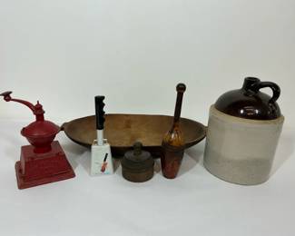 Arnold Cast Iron Coffee Grinder, Stoneware Jug and Kitchen Tools