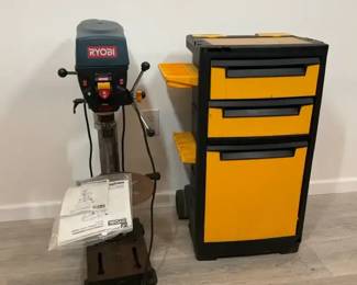 Ryobi Drill Press and Three Drawer Rolling Tool Cabinet