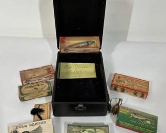 Vintage Fishing Lures with Heddon, Clarks Water Scout and Tackle Box