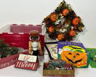 Seasonal Decorations with Fall Wreath, Nutcracker and Holiday Signs