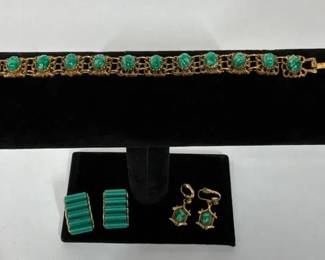 Gold Tone Bracelet and Earrings with JadeLike Green Stones