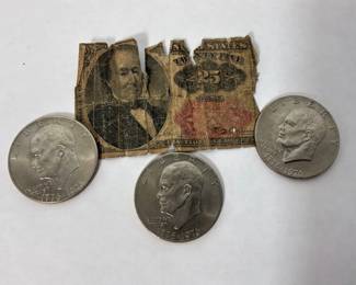 1874 $.25 Fractional Currency Fragment and Three 1976 Eisenhower Dollars