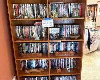 dvds, mid century shelving, decor items