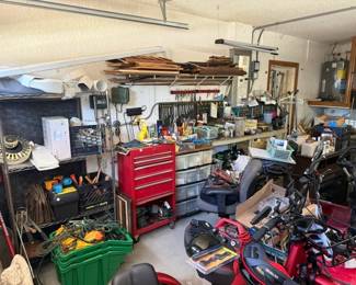 tool box, gutters, e-trike, extension chords, tools, hardware, seating, light fixture
