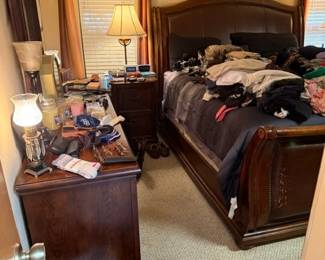 traditional dark wood bedroom set, dark wood office filing cabinets, accessories, vintage lamps, mens clothing
