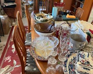french glassware and bar items, midcentury teak sets, english serving ware, serving plates and bowls, danish mid century dining set, rare mid century lamps