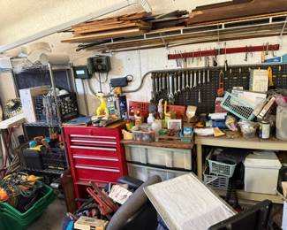 tools, garage, toolbox, extension chords, light fixtures, hardware