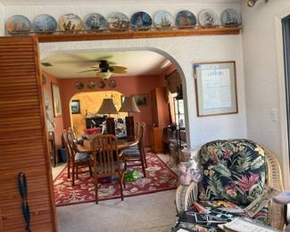 collectible plates, chaise lounge, mid century dining set, rare mid century lamps, decorative rug
