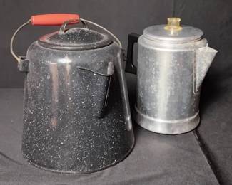 Mirro Percolator and Black Speckled Pitcher