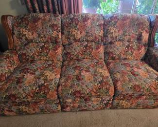 Recliner sofa -- solid oak accents -- manufactured by Kushwood