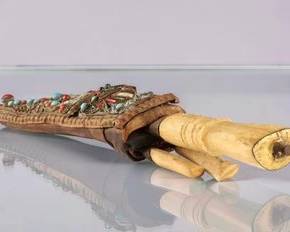 ANTIQUE TIBETAN KUKRI KNIFE WITH KARDA & CHAKMAK — BONE HANDLE, TURQUOISE BEADED SCABBARD