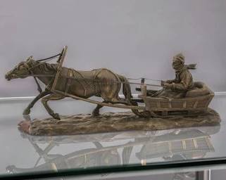 FRIEDRICH GORNIK SIGNED AUSTRIAN BRONZE WINTER SLEIGH GROUP, 15.5 IN. SCULPTURE STATUE
