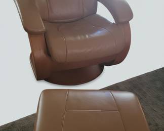 Scandinavian Style Leather Swivel Recliner and Ottoman