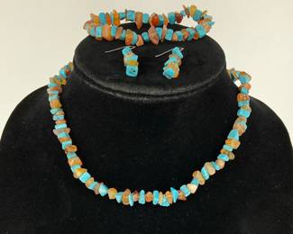 Turquoise and amber chip necklace, bracelet and earrings