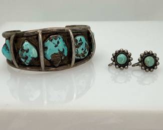Turquoise silver cuff bracelet and earrings