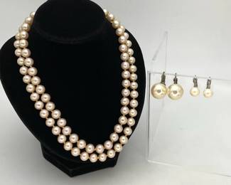 Double strand pearl necklace and earrings