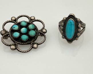 Turquoise cluster brooch and sterling silver ring