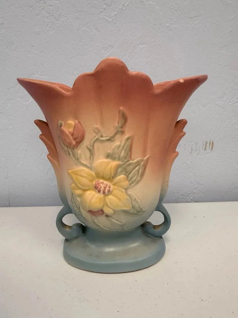 Vintage Hull Pottery Magnolia Double Handle Vase USA 1 8 Pink, Yellow Blue