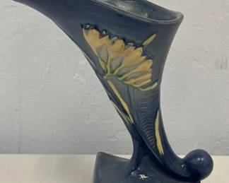 Vintage Roseville Pottery 1988 Blue Floral Cornucopia Vase Sculptural Art Pottery