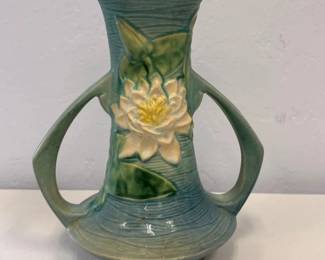 Vintage Roseville Pottery 8010 Water Lily DoubleHandled Aqua Blue Art Pottery Vase