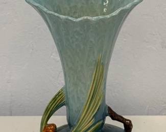 Vintage Roseville Pottery Pine Cone Blue Trumpet Vase Shape 2838 Scalloped Rim