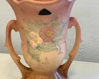 Vintage Hull Pottery Pink Wildflower DoubleHandled Vase with Original Label Scalloped Rim