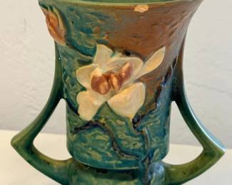 Vintage Roseville Pottery Magnolia Pattern 886 Green DoubleHandled Vase Art Deco