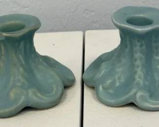 Vintage Weller Pottery Pair of Blue Art Deco Floral Candlestick Holders