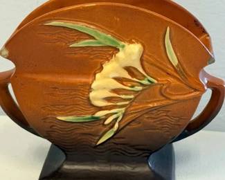Vintage Roseville Pottery Freesia DoubleHandled Fan Vase Shape 29 Brown Yellow