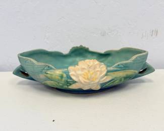 Vintage Roseville Pottery White Rose 10 Console Bowl Blue Green Double Handle