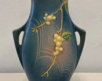 Vintage Roseville Pottery IVI12 Snowberry Blue DoubleHandled Art Pottery Vase