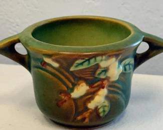Vintage Roseville Pottery Magnolia Pattern DoubleHandled Planter Green Brown Glaze