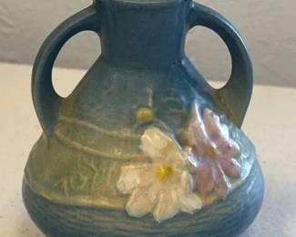 Vintage Roseville Blue DoubleHandled Art Pottery Vase Raised Pink White Flowers