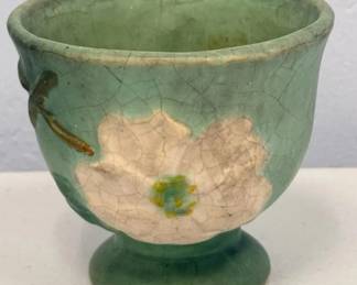 Vintage Roseville Pottery White Rose Green Jardiniere Planter White Floral Relief