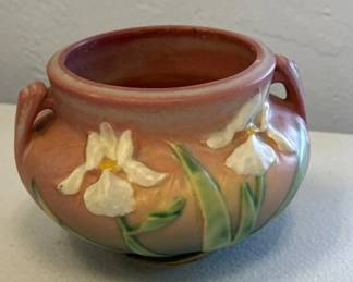 Vintage Roseville Iris Pattern DoubleHandled Jardiniere Pink Green Art Pottery
